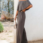 Off Shoulder Jumpsuit Wide Leg Romper Solid Color Summer Short Sleeve Casual Playsuit