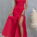 One Shoulder Sleeveless Ruffle Slit Solid Maxi Dress