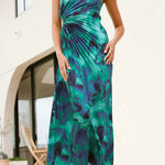 Margovil One Shoulder Drawstring Cut Out Printed Maxi Pleated Dress