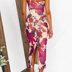 Strapless Ruched Floral Print Bodycon Midi Dress