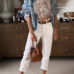 Margovil Strapless Faux Feather Crop Top