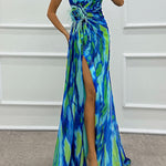 Margovil Strapless Rose Detail High Slit Printed Chiffon Maxi Dress