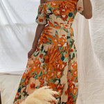 Off Shoulder Belted Ruffle Swing Printed Maxi Dress