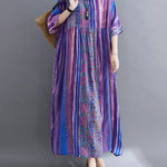 Vintage Side Pocket Striped Floral Printed Midi Dress