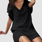 Loose Leisure V-Collar Short Sleeve Summer Cotton Linen Dresses