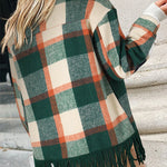 Plaid Snap Button Pocket Fringed Hem Shacket