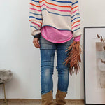 Drop Shoulder Color Block Stripes Knitting Sweater