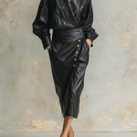 Long Sleeves Puff Sleeves Buttoned Pleated Solid Color V-Neck Midi Dresses