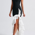 Strapless Bodycon Colorblock Ruffled Fishtail Maxi Dresses-Black