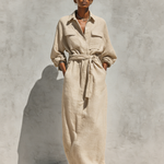 Women's Elegant Natural-colored Linen And Cotton Blend Long-sleeved Shirt Dress With A Loose Fit