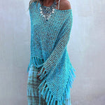 Nadorine Women's Dolman Sleeve Fringe Knit Sweater Pullover Cape Shawl Blouse