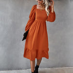 Solid Square Neck Bishop Sleeve Flounce Hem Dress