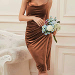 Slit Pleated Velvet Slip Evening Dress