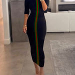 Bodycon Half Sleeves Contrast Color Striped Stand Collar Midi Dresses