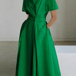 High Waisted Loose Pleated Solid Color V-Neck Midi Dresses