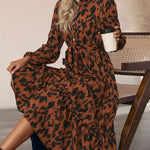 Long-sleeved Leopard Print Button Mid Dress with Belt