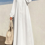 Long Sleeves Loose Pleated Solid Color Zipper Round-Neck Maxi Dresses