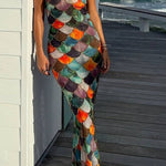 Fish Scale Color-Patchwork Halter Neck Mermaid Maxi Dress