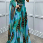 Lucia Unique Print Floral Detail One Shoulder Draped Sleeve Gown Maxi Dress