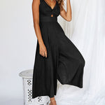 Nadorine Women's Casual Sleeveless Hollows High Waist Bodysuit Spaghetti Strap Loose Jumpsuit Overalls