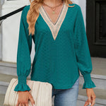 Solid Color Lace Patchwork V-Neck Loose-Fitting Long-Sleeved T-Shirt Top