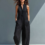Sleeveless Minimalist Jumpsuit for Women with High Collar and Buttons