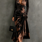 Velvet Wrap Collared Long Sleeve Abstract Print Tie Waist Asymmetrical Hem  Midi Dress