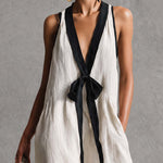 Bohemian Style White And Black Color Blocked Sleeveless V-neck Maxi Dress