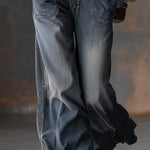 Retro Front Zipper Gray-blue Denim Hooded Jumpsuit