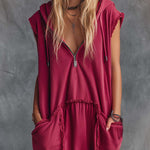 Vintage Casual Sporty Hooded V-neck Front Zip Lace Trim Sleeveless Raspberry Red Cotton Maxi Dress
