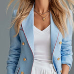 Vintage Sky Blue Linen-Blend Double-Breasted Blazer