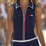 Fashion Retro Lapel Zipper Navy Blue Sleeveless Mini Dress