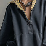 Casual Sporty Plaid Trim Gray Washed Cotton Sweatshirt Mini Dress