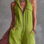 Casual Retro Western Collar Front Zipper Bright Green Cotton Linen Jumpsuit