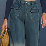 Casual Fashion Gradient Washed Denim Blue Gray Loose Pants