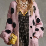 Vintage Fashion Lazy Front Button Black Polka Dot Pink Imitation Rabbit Fur Knitted Long-sleeved Cardigan