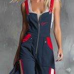 Retro Fahsion Sports Front Zipper Contrast Dark Blue Cotton Overalls Jumpsuit