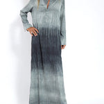 Ombre Print Long Sleeve Pleated Long Dress