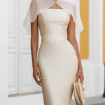Cape-Overlay Satin Sheath Midi Dress