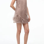 Playful Charm Sheer Chiffon Embellished Feather Back Bow H-line Mini Dress