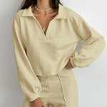 Nadorine Casual Two-Piece Set V-neck Fleece Sweatshirt High-waisted Wide-leg Pants