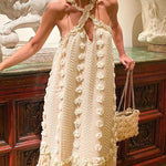 Flowy Cut Out Halter Neck Long Dress 3D Flower Chiffon Ruffle Frill Trim Puffy Swing Dress