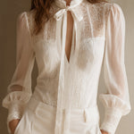 Retro Elegant Lace Stand-up Collar Tie Neck Chiffon Blouse