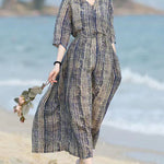 V-neck Half Sleeve Retro Striped Print Waist Midi Dress