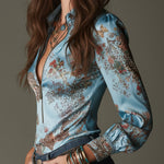 Elegant Leopard Print Satin Blouse With Front Zipper