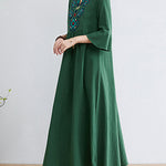Loose Embroidered Floral Cotton Linen V-Neck 3/4 Sleeve Dress