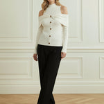 Long Sleeves Skinny Buttoned Pleated Ribbed Knit Cold Shoulder Knit Top