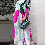 Loose Wrap Buttoned Contrast Color Pockets Printed Split-Side Shirt Dress
