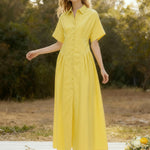 Loose Short Sleeves Buttoned Pleated Solid Color Lapel Collar Midi Dresses Shirt Dress