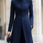 Navy Mandarin Collar Longline Blazer & Wide-Leg Pants Co-Ord Set